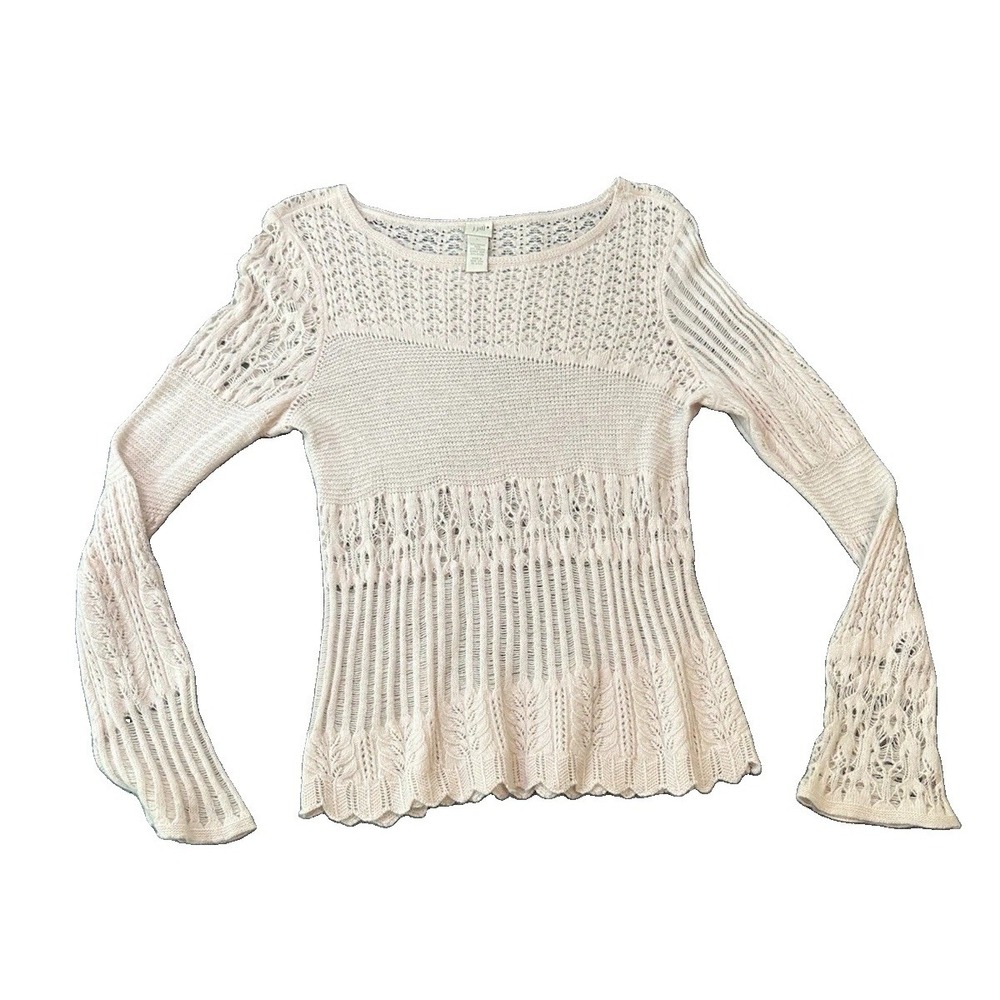 J. Jill Merino Wool Angora Womens Pink Sweater L Open Knit Bell Sleeve Coquette